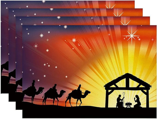 Christian Christmas Placemats Set of 4 Nativity Scene Place Mats Washable Table Dinner Mats Linen Table Mats for Kitchen Dining Party Home Kitchen Decor 12x18 Inch