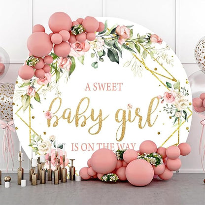 Baby Shower Backdrop 5ft Pink Floral Circle Background Flowers Green Leaves Baby Girl Shower Decor Banner Photo Studio Prop