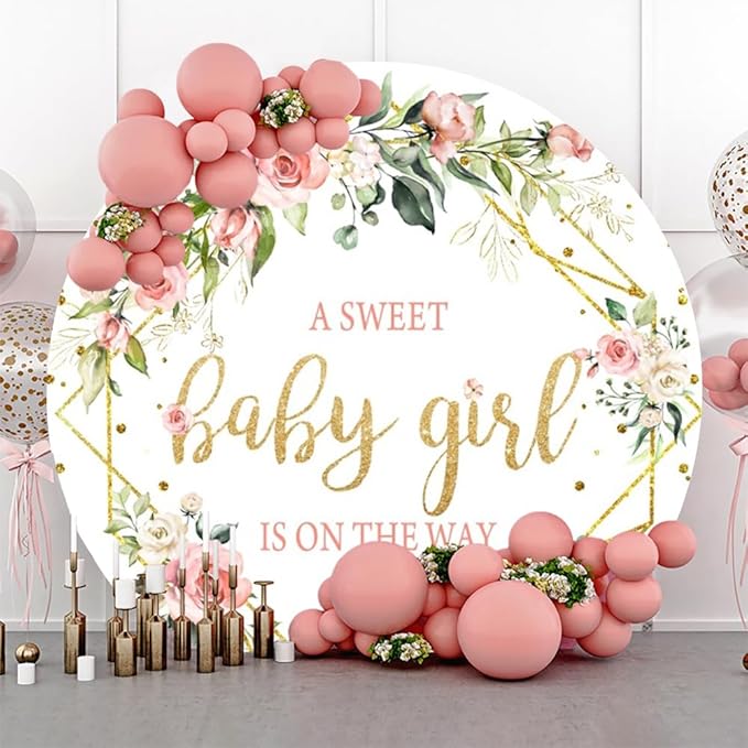Baby Shower Round Backdrop Cover - 7.2ft Pink Floral Girls Party Decor Circle Background Flowers Green Leaves