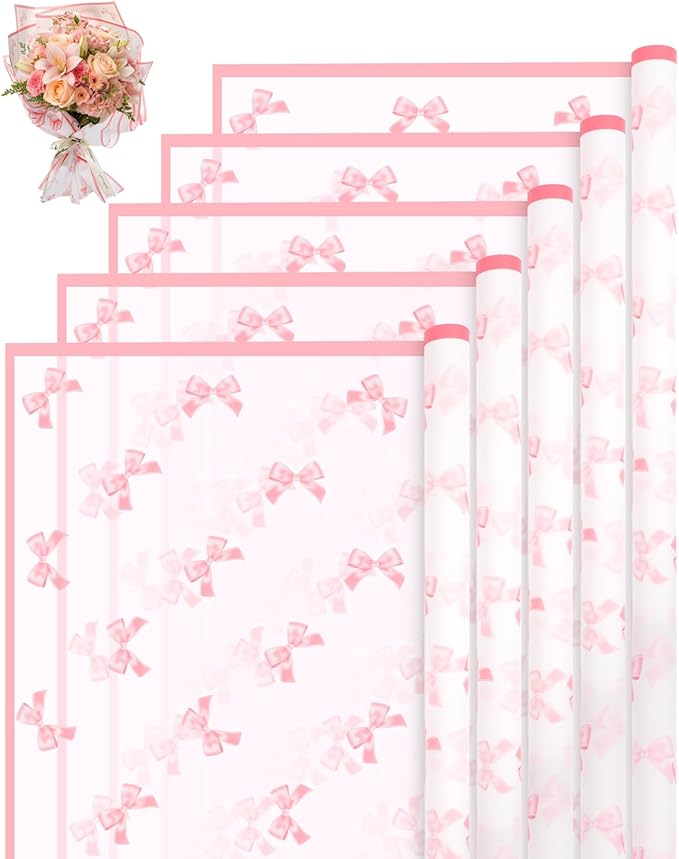 Liobelon 20 Sheets Flower Wrapping Paper Waterproof Bouquet Paper Bow Pattern Pink Gift Wrapping Paper for Flower Shop, Wedding, Birthday Party, Handmade DIY, Anniversary 22.8 x 22.8Inch