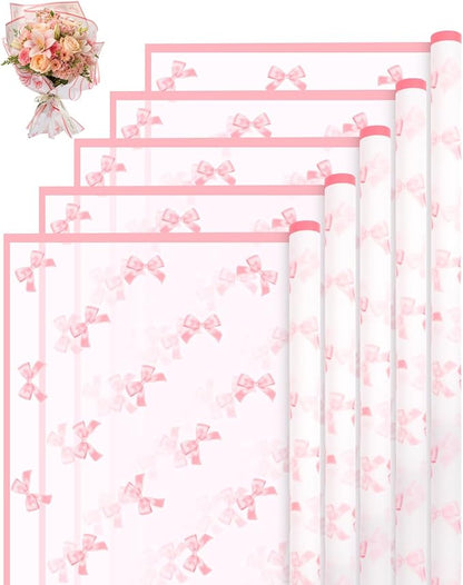 Liobelon 20 Sheets Flower Wrapping Paper Waterproof Bouquet Paper Bow Pattern Pink Gift Wrapping Paper for Flower Shop, Wedding, Birthday Party, Handmade DIY, Anniversary 22.8 x 22.8Inch