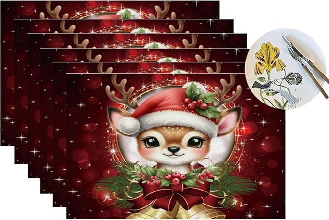 PVC Placemats Set of 6 Wipeable Table Mats Washable Heat Resistant Non Slip Vinyl Dining Table Mat for Kitchen Indoor Outdoor Patio Farmhouse Place Mats Red Christmas Bell Deer Decorative
