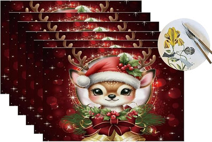 PVC Placemats Set of 6 Wipeable Table Mats Washable Heat Resistant Non Slip Vinyl Dining Table Mat for Kitchen Indoor Outdoor Patio Farmhouse Place Mats Red Christmas Bell Deer Decorative