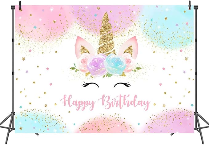 Mocsicka Unicorn Birthday Decorations Unicorn Backdrop for Girls Birthday Party 10x7ft Pastel Rainbow Unicorn Glitter Stars Dots Happy Birthday Banner Photo Booth Props