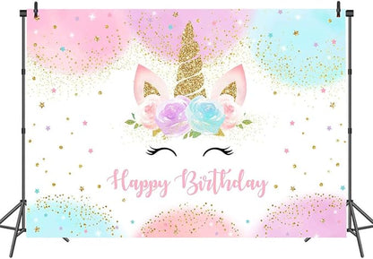 Mocsicka Unicorn Birthday Decorations Backdrop for Girls Party 5x3ft Pastel Rainbow Glitter Stars Dots Happy Birthday Banner Photo Booth Props