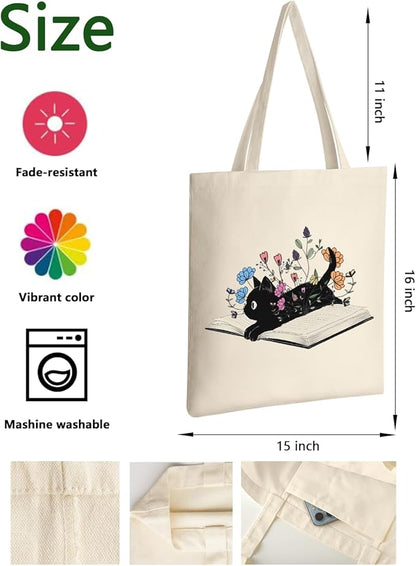 AUSVKAI Cute Cat Book Canvas Tote Bag for Women Reusable Cotton Grocery Bag Beach Totes Gift