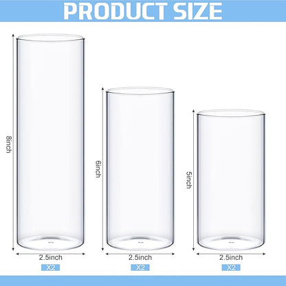 Thin Glass Cylinder Vases 2.5''/3.3'' Diameter 2mm Wall Thickness Clear Flowers Vase Hurricane Floating Candles Holders for Table Centerpieces Wedding Decor(2.5'' X 5'',6'',8'',6 Pcs)