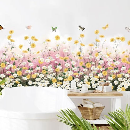 Sicker Universe 12x36 Inch Set - Daisy Flowers Sofa Bedroom Pink Gypsophila Stickers Butterfly Plant Skirting Line Floral Wall Decals for Decor, Self Adhesive Vinyl for Home Decor (Floral Design #6)