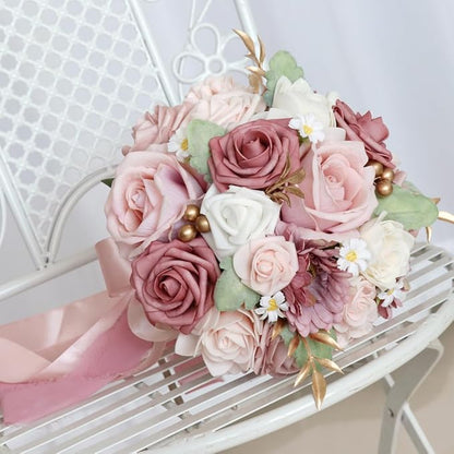 S_SSOY Wedding Bouquet Bride,Bride Bridal Bouquet Bridesmaid Artificial Flowers for Ceremony Anniversary Party Bridal Shower Decoration Wedding Bouquets (Bean Paste Pink)