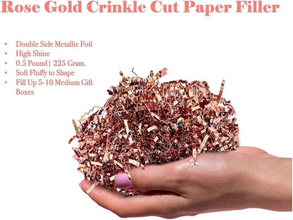 UNIQOOO 1/2 LB Metallic Rose Gold Crinkle Cut Paper Shredded Filler, Pink Grass Raffia Tissue, Strands Shred Craft Bedding Cushion, Wedding Mothers Day Bridesmaid Engagement Gift Boxes Bags Retail