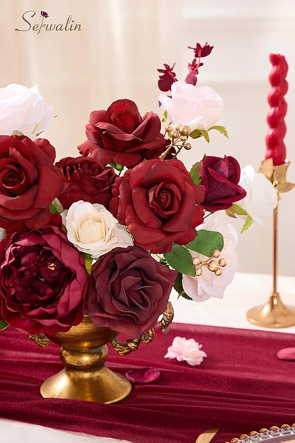 Serwalin Artificial Flowers Silk Fake Flowers Roses for DIY Wedding Bouquets Centerpieces Arrangements Party Bridal Baby Shower Home Decorations Cake Flowers (Burgundy & Pink)
