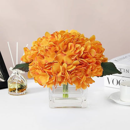 Silk Hydrangea Artificial Flowers in Vase with Faux Water, Silk Flower Arrangements in Vase for Wedding, Dining Table, Living Room (Orange)