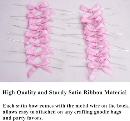 100 PCS 3 Inch Pink Twist Bows for Treat Bags, Satin Twist Tie Bows, Pre Tied Bows with Wire, Ribbon Bows with Twist Ties, Bow Ties for Gift Bags, Popcorn Bags, Cookie Bags, Party Favors