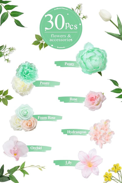 TINGE TIME Artificial Flowers Mint Green & Pink Flower Combo for DIY Wedding Bouquets Table Centerpieces Arrangements Party Baby Shower Home Summer Decorations