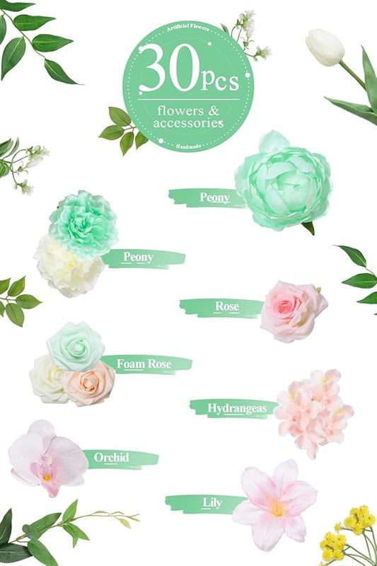 TINGE TIME Artificial Flowers Mint Green & Pink Flower Combo for DIY Wedding Bouquets Table Centerpieces Arrangements Party Baby Shower Home Summer Decorations