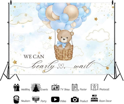 ChloropLastid We Can Bearly Wait Baby Backdrop Boy Bear Hot Air Balloon Baby Shower Photography Background Blue Balloons Clouds Stars Baby Party Cake Photo Decoration 12x8ft