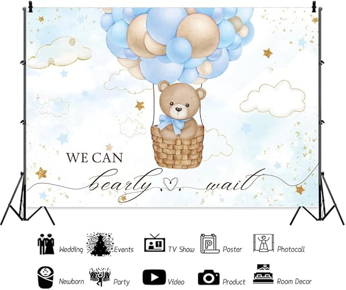 ChloropLastid We Can Bearly Wait Baby Backdrop Boy Bear Hot Air Balloon Baby Shower Photography Background Blue Balloons Clouds Stars Baby Party Cake Photo Decoration 10x8ft
