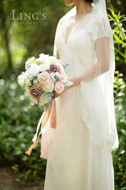 Ling's moment Dusty Rose Bridal Bouquet for Bride, Blush Pink Wedding Bouquets for Bride, 13 Inch Silk Round Artificial Wedding Flowers Bouquets