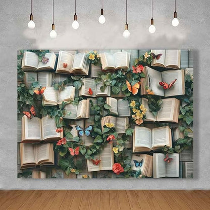7x5ft Flowers Bookshelf Backdrop Vintage Bookshelf Backdrop for Photography Rustic Flower Party Background Adults Baby Shower Portrait Photo Studio Background Props KUBYW002