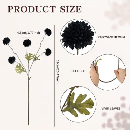 DuHouse 6pcs Black Flowers Faux Silk Pompon Mum,Silk Small Mini Chrysanthemum Ball with Stems for DIY Wedding Bouquets Centerpieces Vase Home Table Halloween Decorations(Black)