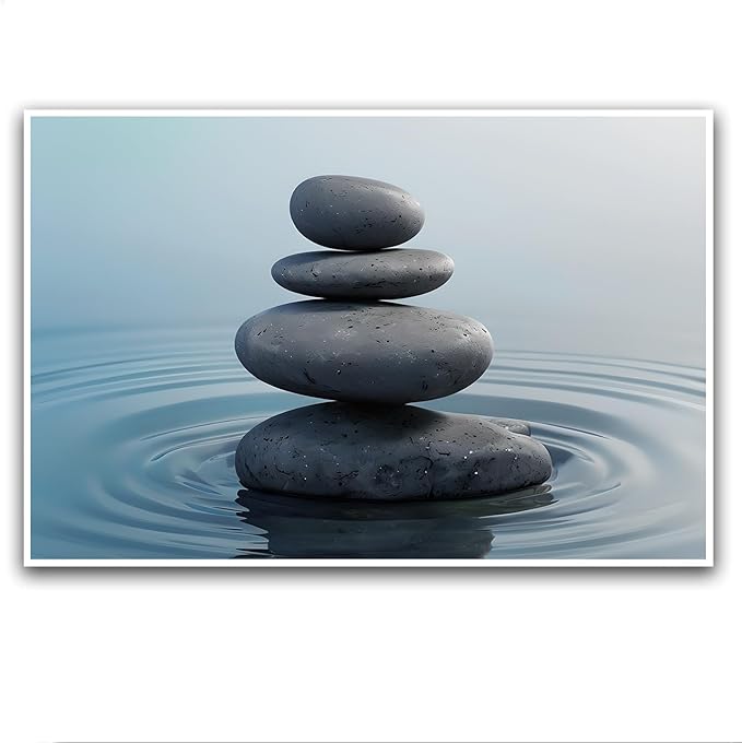 Zen wall art Harmonious grey stones stacked on a calm surface of water Serene Zen decor suitable for tranquil homes and spaces of meditation 8x12in Frameless