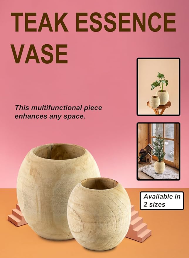 Serene Spaces Living Teak Essence Vase - Handcrafted Natural Wood Vase, Perfect for Artificial, Dried, and Fresh Flowers, Unique Rustic Decor Piece for Home or Office, Gift Idea (Large -Pack of 6)
