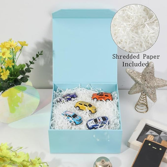 6 Pcs Small Blue Gift Box 8x8x4 Inch Magnetic Box with Crinkle Paper Blue Small Gift Box with Shredded Paper Luxury Gift Boxes with Lids for Presents
