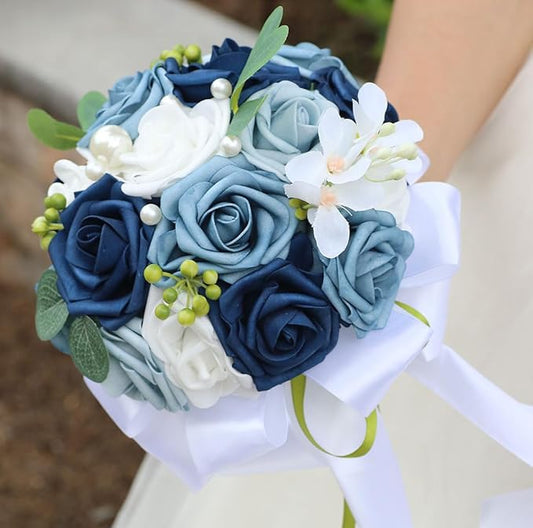 Lightweight Bridal Wedding Bouquet Round Holding Bouquet Throw Toss Artificial Rose Flower Bunch for Bride Bridesmaid Wedding Quinceanera (White & Shades of Blue, 7.9")
