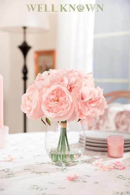 Silk Peonies Artificial Flowers with Hydrangea in Glass Vase with Fake Water, Fake Austin Rose Bouquet with Vase for Home Hotel Office Wedding Party Decor as Table Centerpieces & Gift (Blush Pink)