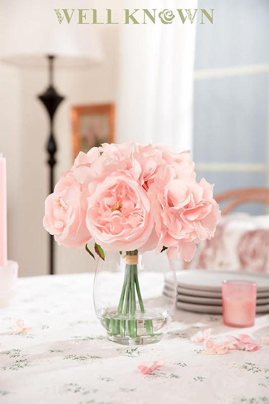 Silk Peonies Artificial Flowers with Hydrangea in Glass Vase with Fake Water, Fake Austin Rose Bouquet with Vase for Home Hotel Office Wedding Party Decor as Table Centerpieces & Gift (Blush Pink)