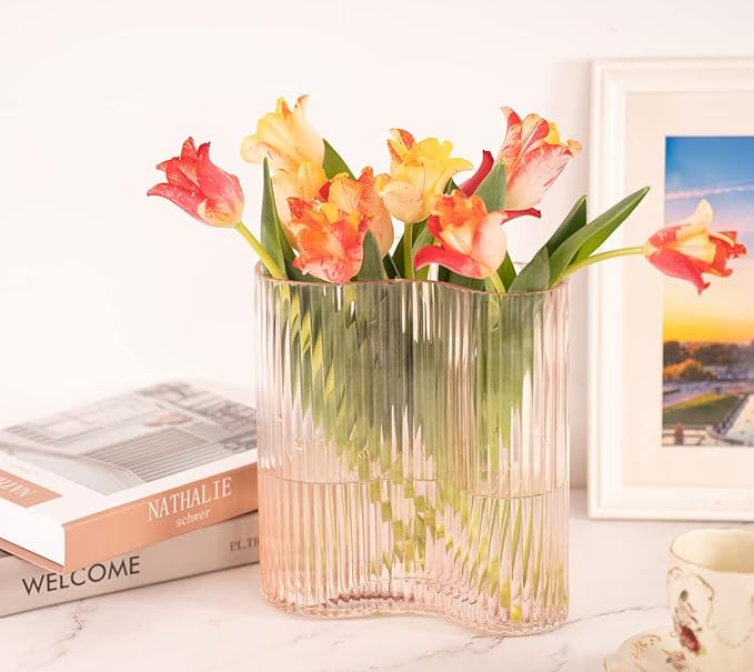 Glass Vase for Centerpieces,Modern Large Vase for Flowers,Footprint Shape Striped Bottle for Home,Office Restaurant Desk Decor 8.3 Inch(Pink)