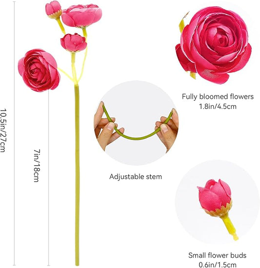 24 Pcs Ranunculus Artificial Flowers 10.5", Mini Faux Silk Ranunculus with Stem, Fake Flowers for Home Decor Indoor Wedding Bouquets Centerpieces (Hot Pink)