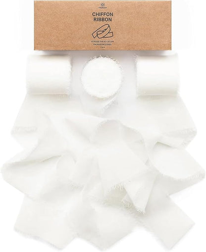 Vitalizart White Chiffon Silk Ribbon 1.5" x 21 Yd Handmade Frayed Edges Ribbons for Wedding Invitations Bridal Flower Bouquets Gifts Wrapping Crafts Holiday Decorations Off White