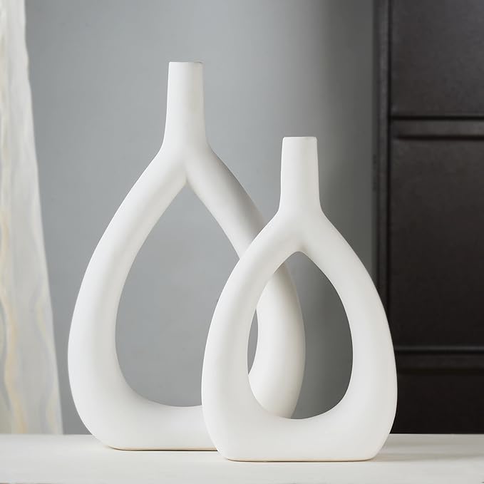 Ajuny Oval Vase Set of 2 – White Ceramic Decorative Vases, Farmhouse Style Modern Accent for Wall Decor, Bedroom, Living Room, Coffee Table, Office