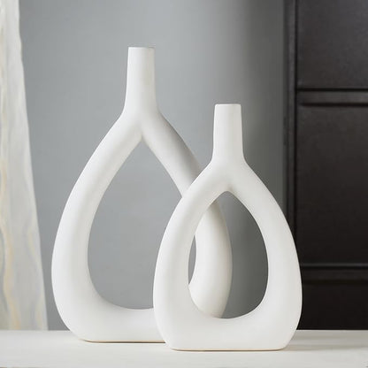 Ajuny Oval Vase Set of 2 – White Ceramic Decorative Vases, Farmhouse Style Modern Accent for Wall Decor, Bedroom, Living Room, Coffee Table, Office