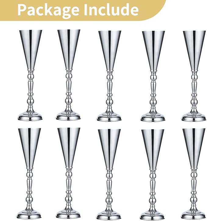10 Pcs Tabletop Silver Metal Wedding Flower Trumpet Vase, 16.5 inch Table Decorative Centerpiece Artificial Flower Arrangements for Anniversary Ceremony Party Birthday Event Home Decoration (Silver)