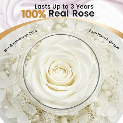 Eternal Preserved Real Rose, Glass Dome Gift Set with 18 Scented Candles (9 Bergamot,9 Jasmine), Mother's Day Valentine Christmas Birthday Gift for Women Mom Girlfriend Wife Home Decor (White)