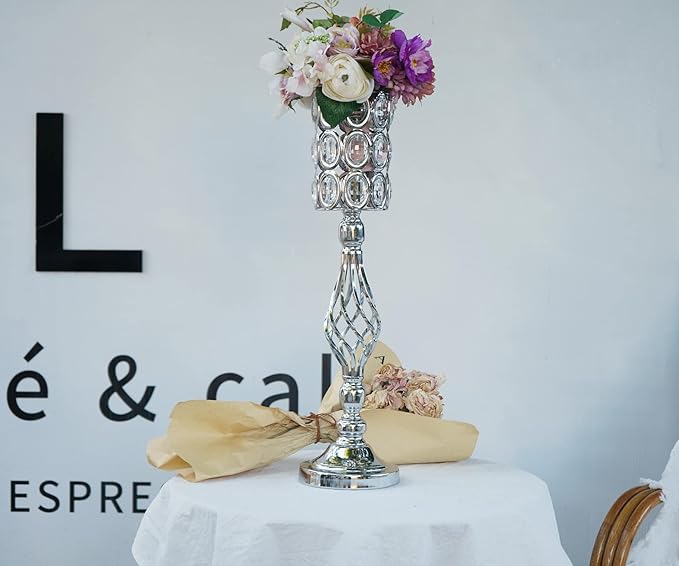 24in Metal Diamond Crystal Wedding Centerpiece Vases for Tables Set of 2, Silver Versatile Tall Flower Holders Centerpiece Flower Stands for Wedding Party Reception Home Décor