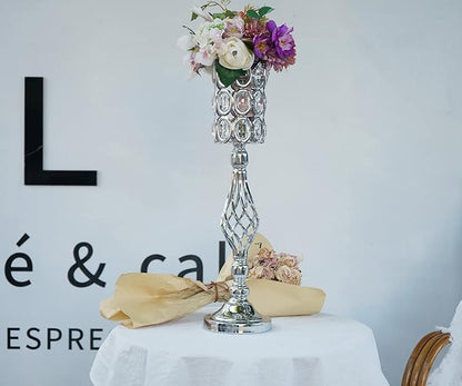 Set of 10 Metal Diamond Crystal Wedding Centerpiece Vases for Tables, 24in Silver Versatile Tall Flower Holders Centerpiece Flower Stands for Wedding Party Reception Home Décor