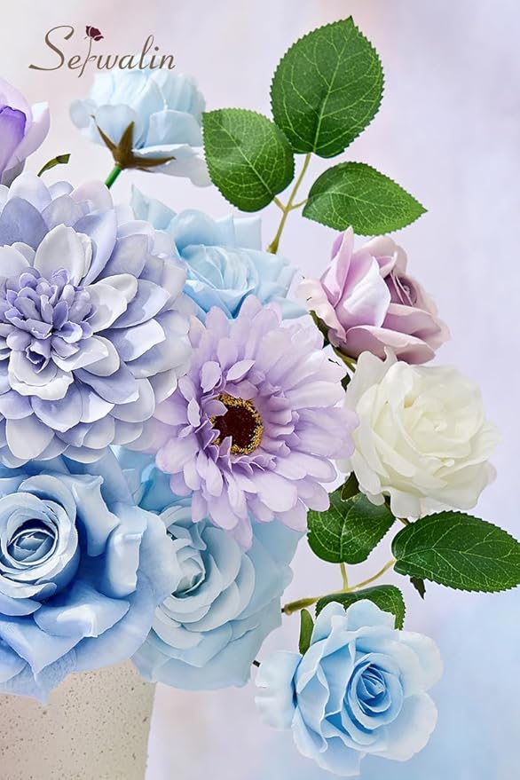 Serwalin Artificial Blue & Purple Flowers, Silk Fake Flowers for DIY Wedding Bouquets Cake Flowers, Table Centerpieces Baby Shower Birthday Party Home Decorations
