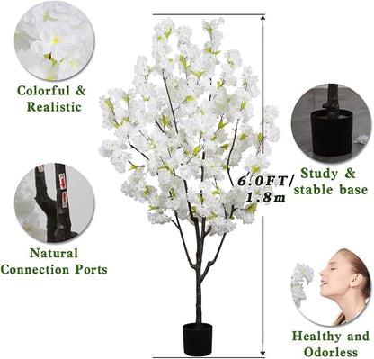 Indoor Faux Cherry Blossom Tree White Artificial Flower Tree, Artificial Cherry Blossom Tree 6 FT for Living Room Bedroom Decor Gift