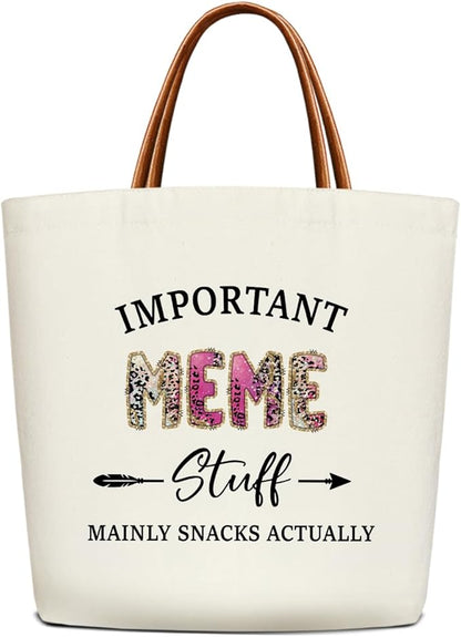Canvas Tote Bag for Women, Important Stuff Bag with Leather Handle, Reusable Grocery Bags for Shopping Beach Travel