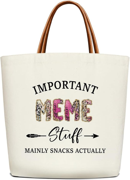 Canvas Tote Bag for Women, Important Stuff Bag with Leather Handle, Reusable Grocery Bags for Shopping Beach Travel
