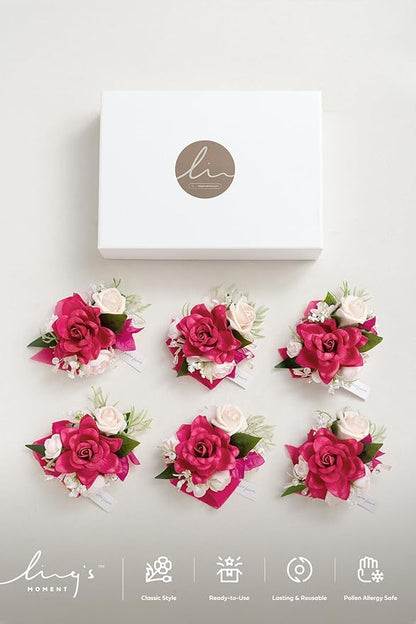 Ling's moment 6pcs Wedding Wrist Corsage Artificial Flowers, Girl/Mother Homecoming Prom Corsages Wristlet Décor, etc. Hot Pink Magenta