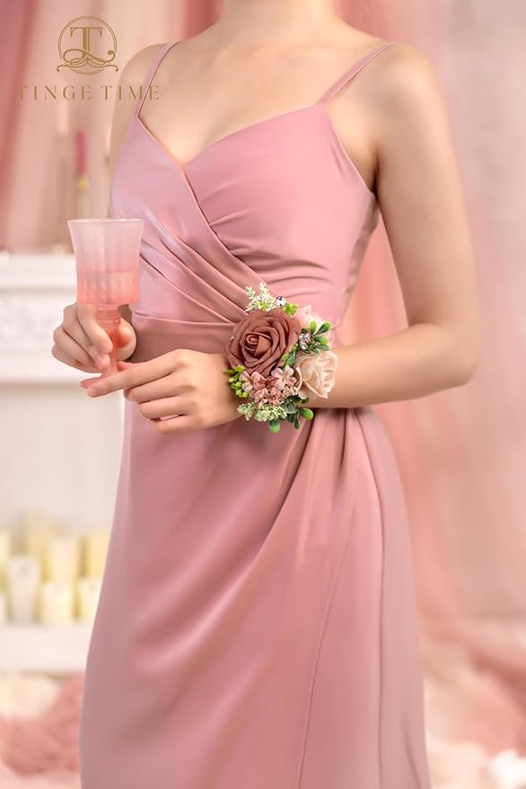 TINGE TIME Set of 2 Wrist Corsage Bracelets Pearl Wristlet Band Bridesmaid Bracelet for Wedding Ceremony Bridal Shower Wedding Artificial Flower Prom (DustyRose&Cream)