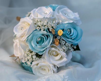 Wedding Bouquets for Bride Bridesmaid Artificial Flowers White Blue Rose Bridal Wedding Tossing Bouquets for Wedding Church Bridal Shower Ceremony Anniversary Home Decor (White + Blue Rose)
