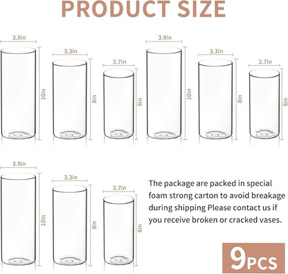 9 Pack Cylinder Vases- for Centerpieces, 6,8,10 Inch Clear Glass Cylinder Candle Holder- for Wedding Centerpirces Decoration Tall Clear Flower Vases, Hurricane Candle Holder for Party Home Decor