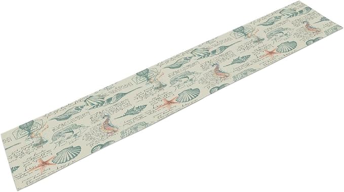 Starfish Table Runner,Seashells Beach Coastal Nautical Sailboat Jellyfish Vintage Hand Drawn Burlap for Hotel Indoors Outdoor Dining Room Kitchen Table Decor, 13x70in