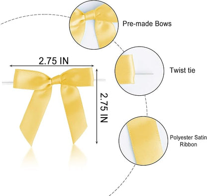 50 PCS Yellow Twist Tie Bows 2.5" Satin Ribbon Bows Decor for Gift Wrapping Craft Treat Bags Cake Pop Basket, Wedding Baby Shower Birthday Party Favors