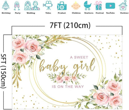 Mocsicka Floral Sweet Girl Baby Shower Backdrop It's a Girl Baby Shower Background Watercolor Pink Party Cake Table Decoration Photo Booth Props (7x5ft)